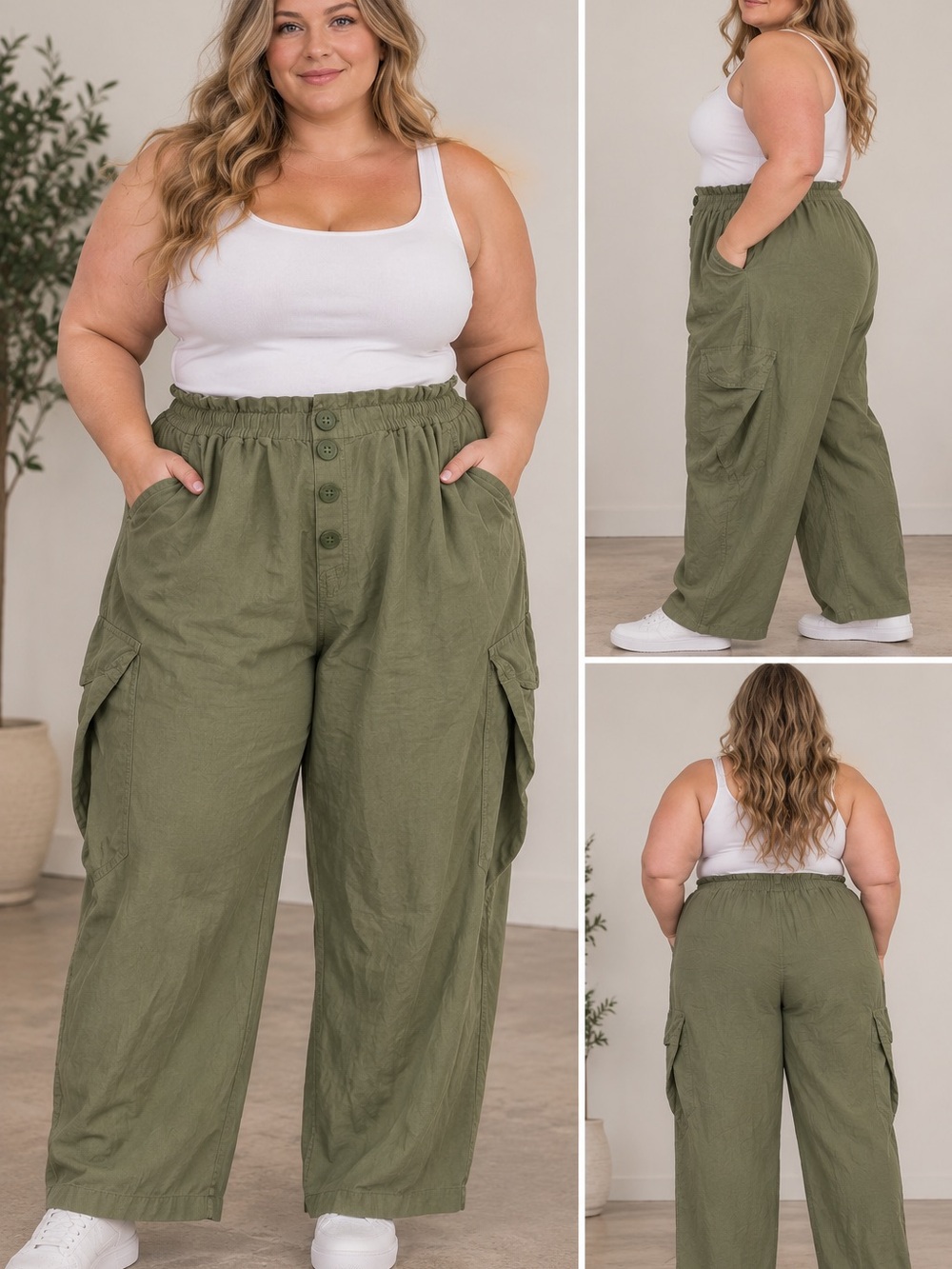 Susan Graver Olive Utility Wide-Leg Cargo Pants